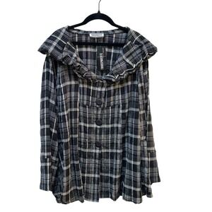 TRANSPARENTE Black Plaid Pillow Collar Button Up Blazer Tunic Lagenlook Size XL
